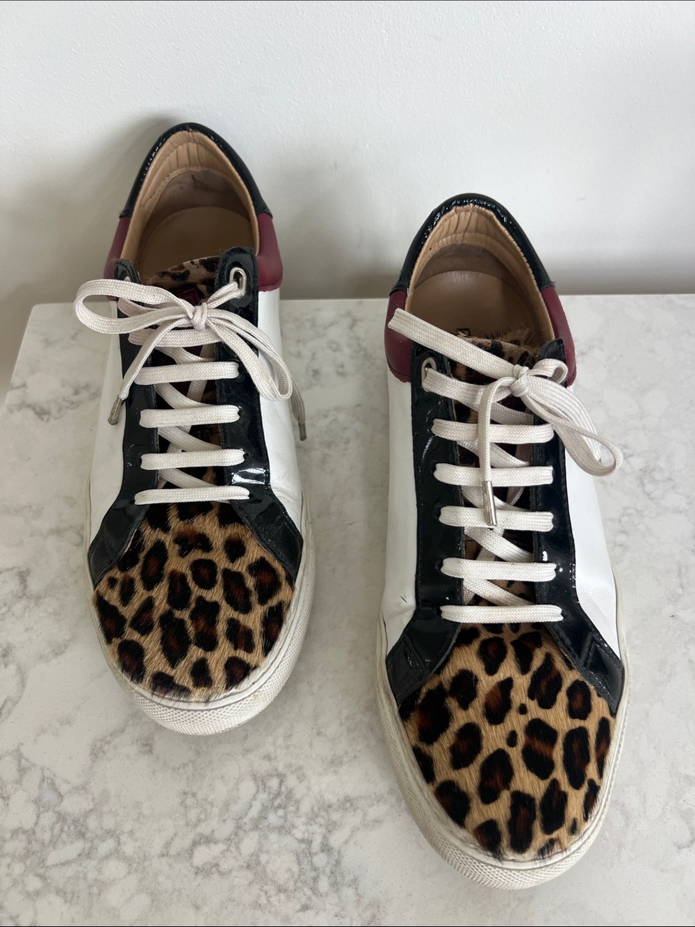 Women's White Leather Sneakers with Leopard Toe and Black Trim